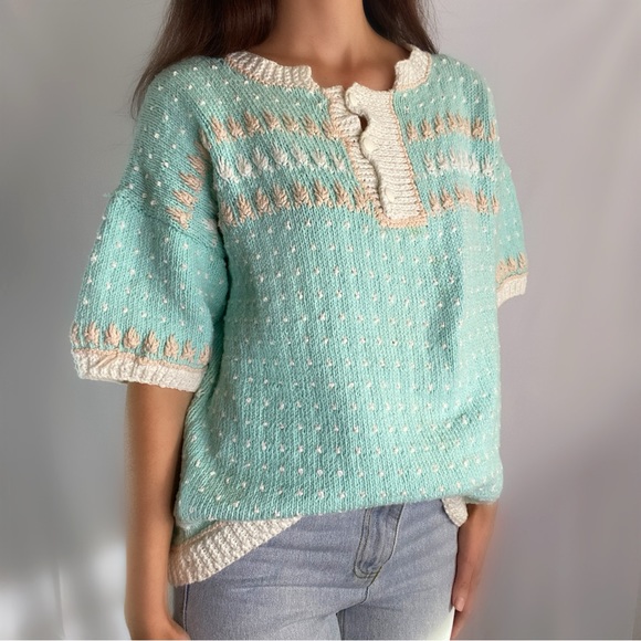 Vintage 70s crochet knit pastel kawaii sweater top short sleeve shirt handmade - Picture 2 of 5